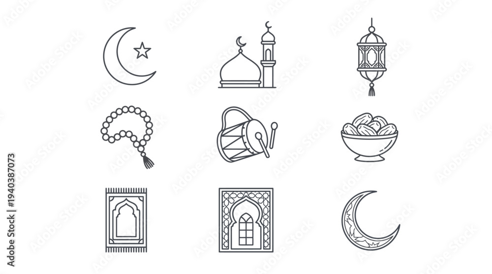 Fototapeta premium Minimalist vector line art of Islamic symbols and cultural elements for religious holidays. Outline icons depicting Ramadan and Eid al-Fitr celebrations