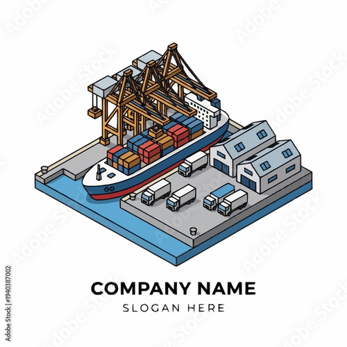Isometric illustration of a cargo ship at a dockyard with cranes and warehouses.