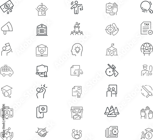 Law and justice icon set.Investigation, law, judgment, criminal, authority, court legal, related nailing, justice, prison.  Outline editable icons collection. Simple vector illustration.