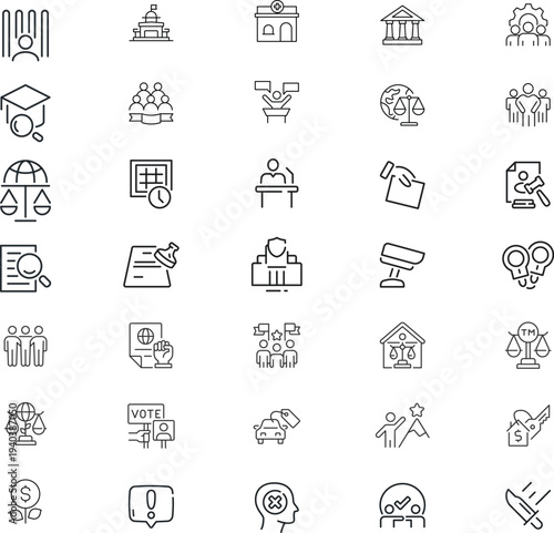 Law and justice icon set.Investigation, law, judgment, criminal, authority, court legal, related nailing, justice, prison.  Outline editable icons collection. Simple vector illustration.