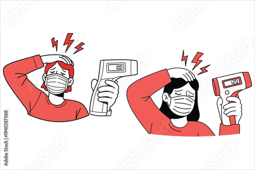 Cartoon illustration of two people experiencing heat stress or frustration with temperature guns