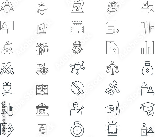 Law and justice icon set.Investigation, law, judgment, criminal, authority, court legal, related nailing, justice, prison.  Outline editable icons collection. Simple vector illustration.