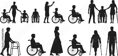 Set of disability silhouettes representing inclusive community people with wheelchairs walkers crutches and assistants for cad drawing flat vector illustration