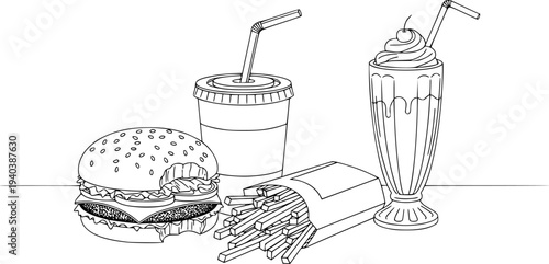 Black and white line of a bitten hamburger french fries soda and milkshake