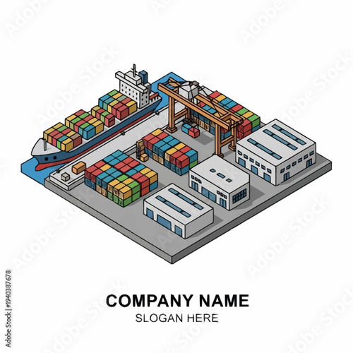 Isometric illustration of a busy shipping port with cargo containers and cranes.