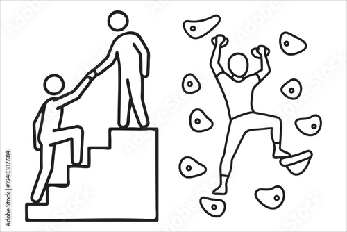 Two stick figures helping each other climb to success