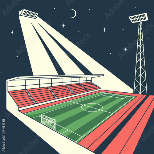 Football Stadium with Bright Floodlights Night Match Illustration