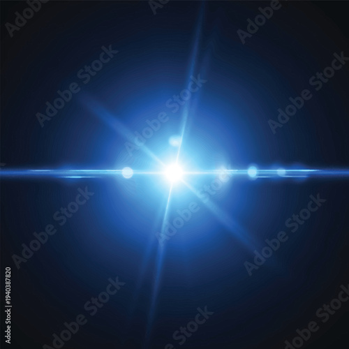 Bright Blue Light Beam on Dark Background with Lens Flare
