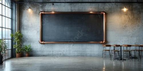 Empty room features large chalkboard framed with copper pipes. Plants flank window, tables chairs occupy right side. Minimalist design.