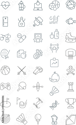 Sport and Fitness icon set. Healthy lifestyle thin line icon collection. Gym and health care icons. Vector illustration