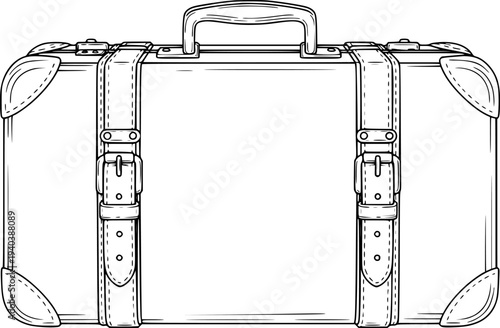 Vintage suitcase with leather straps and metal buckles detailed line travel luggage