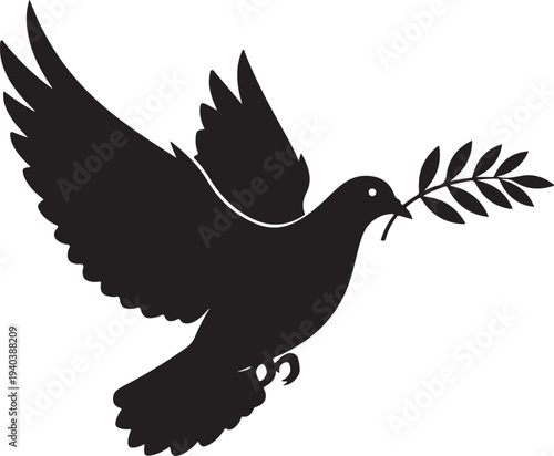 Black dove silhouette with olive branch in beak flying