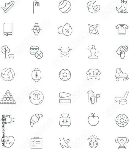 Sport and Fitness icon set. Healthy lifestyle thin line icon collection. Gym and health care icons. Vector illustration