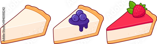 Cartoon cheesecake slices set with different toppings. Plain vanilla, fruits with syrup (blueberry, strawberry). Isolated vector clip art illustration.