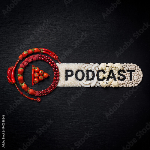 Podcast lettering in a food style, the word "PODCAST" laid out from food on a black background, the letters formed from tomatoes, rice, coconut, beans, strawberries, red pepper and other foods, logo