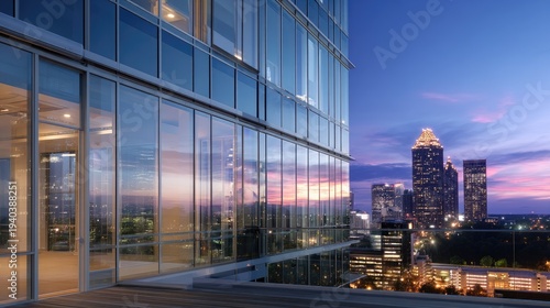 Atlanta skyline with sunset reflections on glass buildings copy space