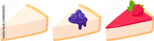 Cheesecake slices set with different toppings. Plain vanilla, fruits with syrup (blueberry, strawberry). Isolated flat vector clip art illustration.