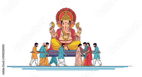 People carrying a large statue of Ganesha on a platform in a festive procession outdoors