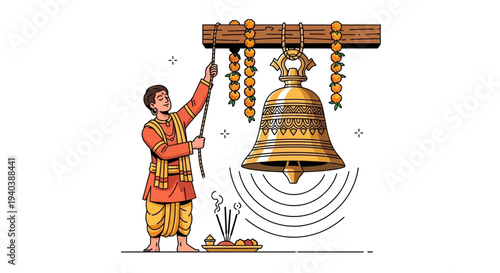 Traditional ceremony depicting a devotee ringing a large ornate golden bell, accompanied by incense and flower offerings, symbolizing worship and spiritual blessing