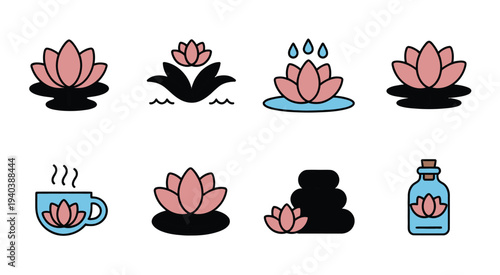 Lotus Flower Icons Water Lily Pad Hand and Droplet Symbol