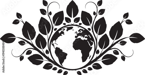 Earth surrounded by leaves and branches in black silhouette