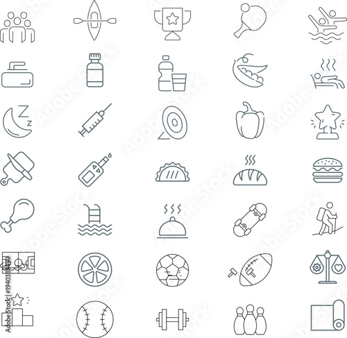 Sport and Fitness icon set. Healthy lifestyle thin line icon collection. Gym and health care icons. Vector illustration