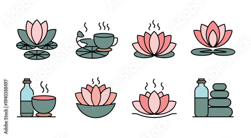 Lotus Flower Icons Wellness Spa Tranquility Symbol Vector