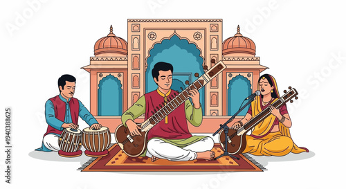 Indian classical music performance with traditional instruments and musicians in vibrant attire, celebrating cultural heritage