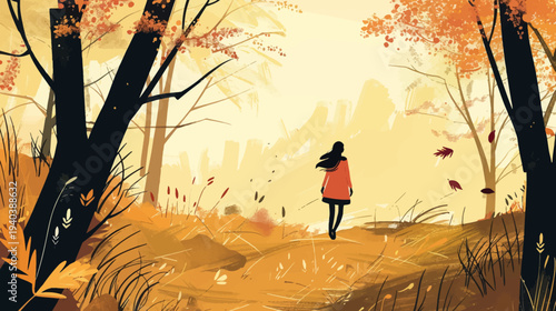 Woman walking into autumn forest illustration concept digital art