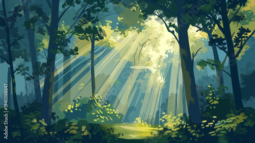 Sunlight piercing through forest trees creating atmospheric and serene scene