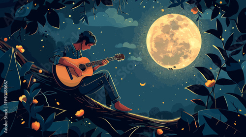 Person playing acoustic guitar under a bright full moon at night time