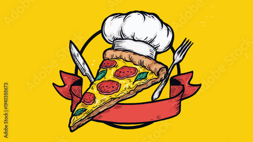 A pizza slice with pepperoni and basil, chef's hat, knife, fork, and red banner on a yellow background