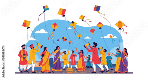 Diverse group of people celebrating outdoors with colorful kites flying in the sky during a festive event