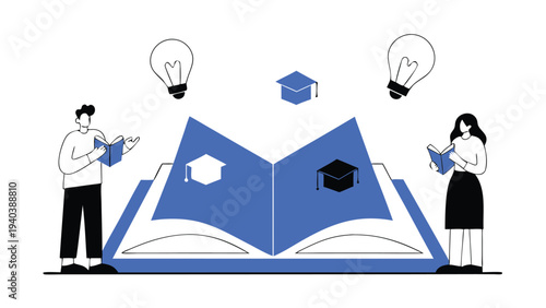 Students around open book with floating icons abstract concept vector illustrations