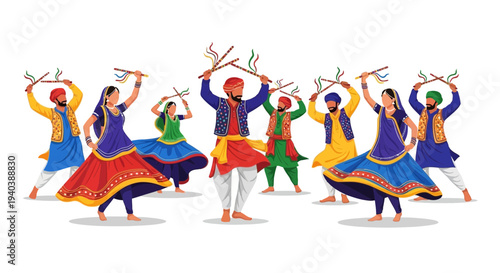Vibrant illustration capturing a joyful cultural folk dance performance by a group of diverse dancers in traditional attire, celebrating with rhythmic stick movements