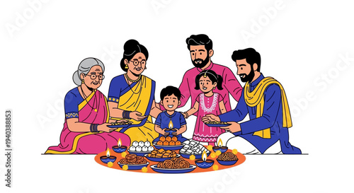 A joyous Indian family celebrating Diwali with sweets and diyas, symbolizing tradition and togetherness