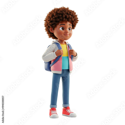 Young boy with curly hair standing and smiling with backpack  
