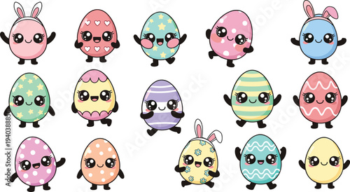 Cute Kawaii Easter Egg Characters Vector Set with Funny Cartoon Faces Bunny Ears and Colorful Spring Holiday Mascots for Kids Design