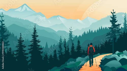 Hiker walking on a path towards mountains at sunset vector illustration