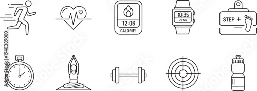 Health and fitness icons set with running, heart rate, calories, smartwatch, step count, clock, dumbbell, target, battery vector illustration thin line flat design