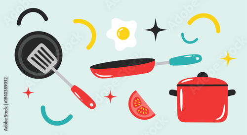 Whimsical Kitchen Utensils and Breakfast Elements Featuring a Frying Pan Pot and Fried Egg on a Light Blue Background