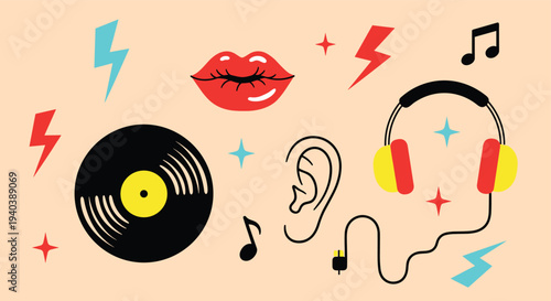 Retro Music Vibes and Entertainment Symbols Featuring Vinyl Record Headphones Lips and Musical Notes on a Pastel Background