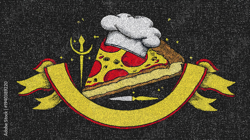 A cartoon pizza slice wearing a chef's hat, with a yellow banner and a trident, on a grainy background