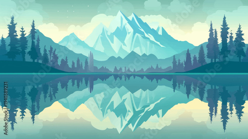 Tranquil landscape illustration of mountains trees and reflecting lake