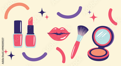 Charming flat lay composition of makeup essentials including lipstick nail polish and makeup brush on a pastel background with decorative elements