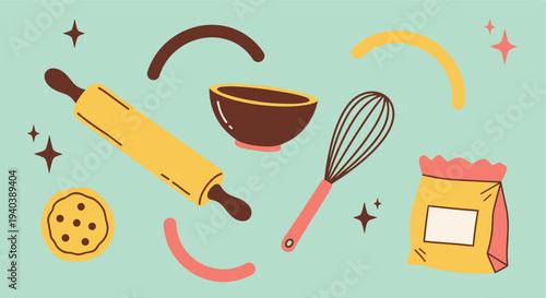Whimsical Baking Illustration Featuring Rolling Pin Whisk Bowl Cookie Dough Bag and Decorative Elements on Pastel Background