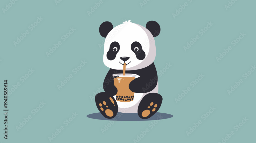 Naklejka premium Cartoon panda enjoys a beverage drink isolated on a solid color background