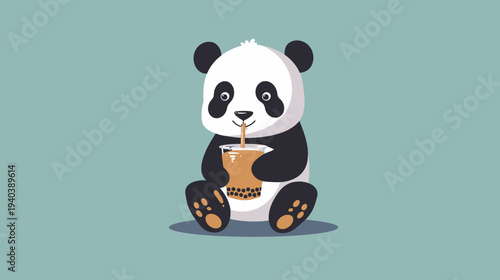 Cartoon panda enjoys a beverage drink isolated on a solid color background