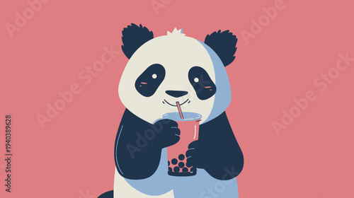 Cartoon panda enjoying a beverage against a pink background