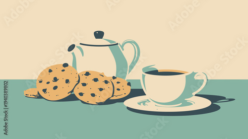 Cookies and tea set illustration delicious snacks and beverages concept
